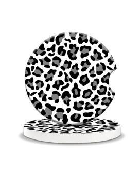 Car Coasters Pack Of 2,Absorbent Ceramic Car Coasters,Drink Cup Holder Coastersfor Women Men,With A Finger Notch For Easy Removal Leopard White