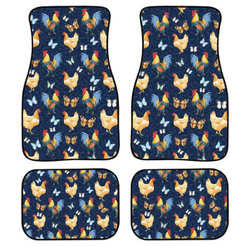 Forchrinse Rooster Butterfly Car Floor Mat Carpet For Men Women 4 Piece Nonslip Rubber Backing Car Interior Protector Universal Fit