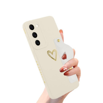 Ook Compatible With Samsung Galaxy S23 Plus Case, Cute Gold Love Heart Pattern Thin Soft Tpu Liquid Silicone Case With Wristband Kickstand For Women Girls Protective Shockproof Phone Cover-White