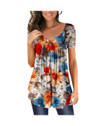 Womens Summer Tops With Sleeves Womens Tops Boho Floral Print Tunic Short Sleeve Henley Tshirt Hide Belly V Neck T Shirts Dressy Casual Blouse To Wear With Leggings Orange 2X