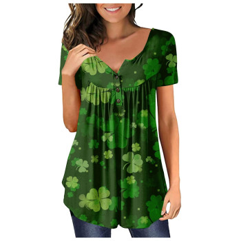 Womens Summer Tops With Sleeves Womens Tops Cute Shamrock Tunic Short Sleeve Henley Tshirt Hide Belly V Neck T Shirts Dressy Casual Blouse St Patricks Day To Wear With Leggings Dark Green L