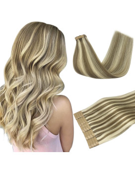 Hair Extensions Tape In, Light Brown Highlighted Medium Blonde 12 Inch 40G 20Pcs, Doores Tape In Hair Extensions Straight Remy Hair Seamless Hair Extensions Skin Weft