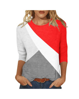 34 Sleeve T Shirts For Women, Long Sleeve Crewneck Color Block Tops Casual Loose Geometric Graphic Pullover Tee Blouse