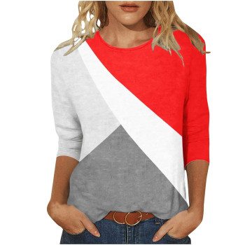 34 Sleeve T Shirts For Women, Long Sleeve Crewneck Color Block Tops Casual Loose Geometric Graphic Pullover Tee Blouse