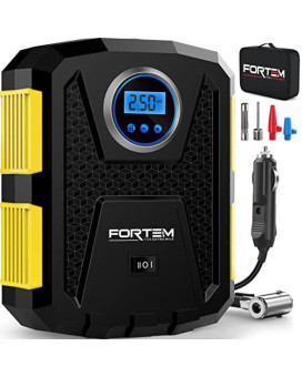 Fortem Tire Inflator Portable Air Compressor 150 Psi, Bike Pump, 12V Electric Air Pump For Car Tires And Bicycles Wled Light, Digital Tire Pressure Gauge Wauto Pumpshut Off, Carrying Case (Yellow)