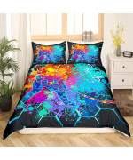 Ice Hockey Bedding Set King Kids Boys Hockey Player Duvet Cover Winter Sports Game Comforter Cover Colorful Tie Dyed Honeycomb Print Decor Bedding Teens Hockey Puck Ball Decor Bedspread 3 Pcs