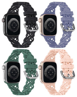 Wearlizer 4 Pack Floral Lace Hollow-Out Band Compatible With Apple Watch 42444549Mm Stylish Silicone Sport Band Cute Women Cutout Replacement Strap For Iwatch Se Series 87654321Ultra