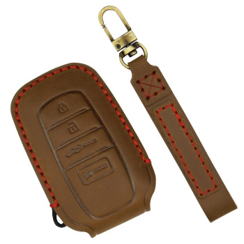 Locoy Key Fob Cover Fit For Toyota Tundra Accessories 2022 2023 Sequoia 2023 And Venza 2021 2022 Key Fob Case, Key Protector Cover, Key Shells, Leather Key Case (Brown Leather Red Stitches, 1Pcs)