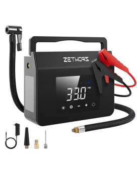 Zethors Tire Inflator Portable Air Compressor With Jump Starter, 150Psi Fast Inflation Cordless Smart Air Pump, 10000Mah Battery Led Light And Digital Screen For Car Bike Motorcycle Tires Balls