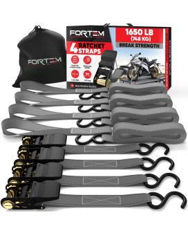 Fortem Ratchet Straps, 1650Lb Break Strength, 4 15Ft Tie Down Strap Set, 4 Soft Loops, Motorcycle Straps Tie Downs, Cargo Straps For Trucks, Rubber Handles, Coated Metal Hooks, Carry Bag (Grey)