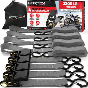 Fortem Ratchet Straps, 2300Lb Break Strength, 4 15Ft Tie Down Strap Set, 4 Soft Loops, Motorcycle Straps Tie Downs, Cargo Straps For Trucks, Rubber Handles,S-Clips, Coated Metal Hooks (Grey)