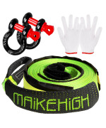 Maikehigh 10 Ton 5M X 5Cm Towing Rope Towing Strap Car Recovery For Off Road Recovery With 2 Reinforced Hooks, 2 Gloves (Green)