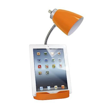 Limelights Gooseneck Organizer Desk Lamp With Ipad Tablet Stand Book Holder And Charging Outlet, Orange