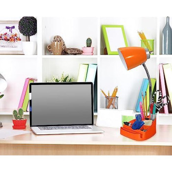 Limelights Gooseneck Organizer Desk Lamp With Ipad Tablet Stand Book Holder And Charging Outlet, Orange