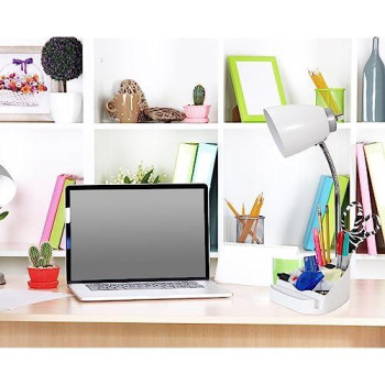 Limelights Gooseneck Organizer Desk Lamp With Ipad Tablet Stand Book Holder And Charging Outlet, White