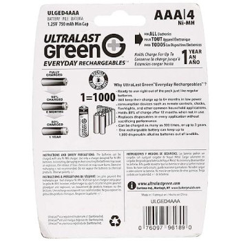 Ultralast Ulged4Aaa Aaa 4 Pack Green Precharged Ready-To-Use Rechargeable Batteries (Discontinued By Manufacturer)