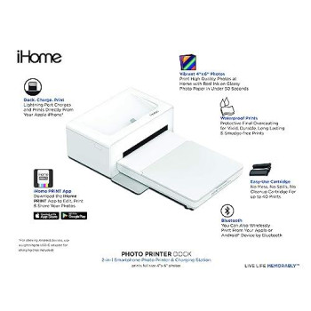 Ihome Photo Printer Dock, Full Size 4X6 Inch Printouts (White)