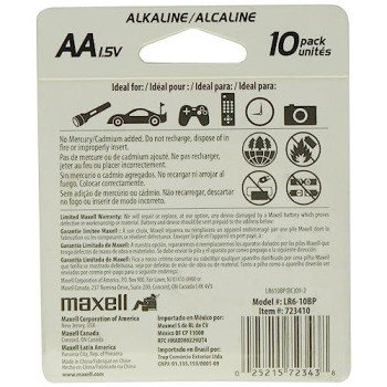 Maxell 723410P Ready-To-Go Long Lasting And Reliable Alkaline Battery Aa Cell 10-Pack With High Compatibility, Gold