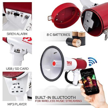 Portable Megaphone Speaker Pa Bullhorn - Built-In Siren, 50W Adjustable Volume Control & 1200 Yard Range - Ideal For Any Outdoor Sports, Cheerleading Fans & Coaches Or For Safety Drills - Pyle Pmp52Bt