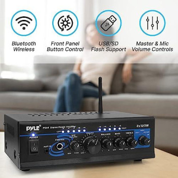 Home Audio Power Amplifier System With Bluetooth - 2X120W Mini Dual Channel Mixer Sound Stereo Receiver Box W/ Rca, Aux, Mic Input - For Amplified Speakers, Pa, Theater, Studio Use - Pyle Pta4