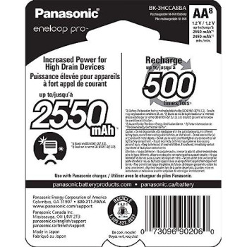 Panasonic Bk-3Hcca8Ba Eneloop Pro Aa High Capacity Ni-Mh Pre-Charged Rechargeable Batteries, 8-Battery Pack