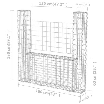 Vidaxl Gabion Basket U-Shape Galvanized Steel 63X7.9X59.1