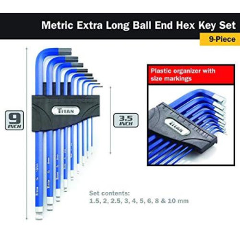 Titan 12714 9-Piece Extra-Long Arm Ball Tip Metric Hex Key Set , Blue