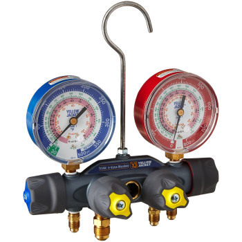 Yellow Jacket 49963 Manifold Only Degrees F, psi Scale, R-22/404A/410A Refrigerant, Red/Blue Gauges