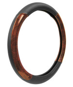 Custom Accessories 35600 Black Genuine Leather Steering Wheel Cover with Woodgrain Design