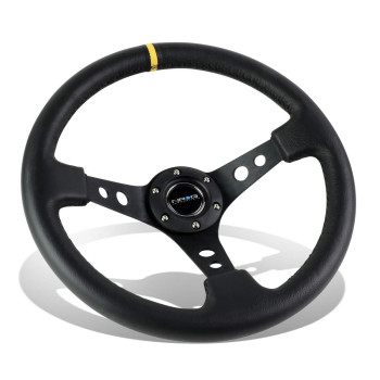 NRG Innovations, ST-006BK-Y, 350mm 3 Inches Deep Dish 6 Hole Racing Steering Wheel Black Leather Yellow Pointer with Horn Button ST-006BK-Y