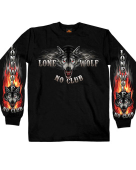 Hot Leathers Lone Wolf No Club Biker Long Sleeve Double Sided T-Shirt (Black, X-Large)