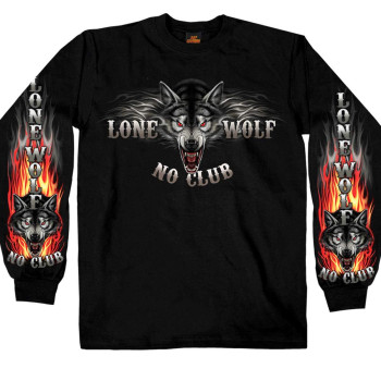 Hot Leathers Lone Wolf No Club Biker Long Sleeve Double Sided T-Shirt (Black, X-Large)