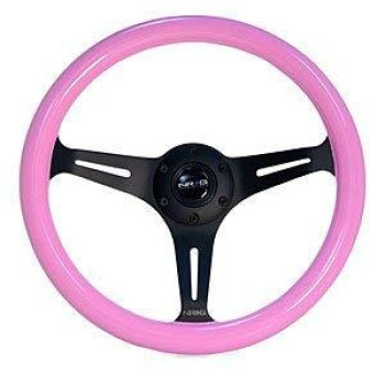 NRG Innovations ST-015BK-PK Classic Wood Grain Wheel (350mm 3 black spokes, solid pink painted grip)