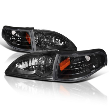 Spec-D Tuning Black Housing Clear Lens Headlights + Corner Lights Compatible with 1994-1998 Ford Mustang L+R Pair Head Light Lamp Assembly