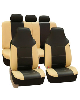 FH Group Car Seat Covers Full Set Beige Black PU Leather - Universal Fit, Automotive Seat Covers, 1-Piece Front Seat Covers, Airbag Compatible, Split Bench Rear Seat Cover, Car Seat Cover for SUV