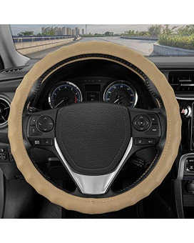 BDK Genuine Beige Leather Steering Wheel Cover for Car, Small (13.5 - 14.5) ?Ergonomic Comfort Grip for Men & Women, Universal Fit Car Steering Wheel Cover for Vehicles with Small Steering Wheel