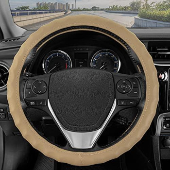 BDK Genuine Beige Leather Steering Wheel Cover for Car, Small (13.5 - 14.5) ?Ergonomic Comfort Grip for Men & Women, Universal Fit Car Steering Wheel Cover for Vehicles with Small Steering Wheel