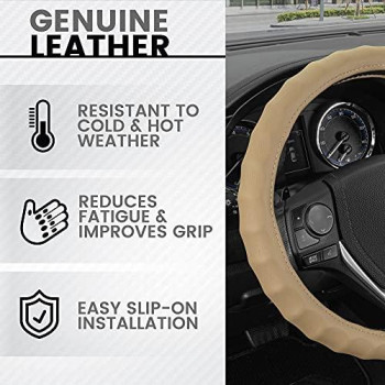 BDK Genuine Beige Leather Steering Wheel Cover for Car, Small (13.5 - 14.5) ?Ergonomic Comfort Grip for Men & Women, Universal Fit Car Steering Wheel Cover for Vehicles with Small Steering Wheel