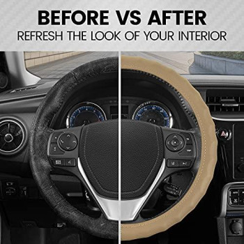 BDK Genuine Beige Leather Steering Wheel Cover for Car, Small (13.5 - 14.5) ?Ergonomic Comfort Grip for Men & Women, Universal Fit Car Steering Wheel Cover for Vehicles with Small Steering Wheel