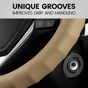 BDK Genuine Beige Leather Steering Wheel Cover for Car, Small (13.5 - 14.5) ?Ergonomic Comfort Grip for Men & Women, Universal Fit Car Steering Wheel Cover for Vehicles with Small Steering Wheel