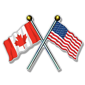 Crossed Poles USA & Canada Waving Flags Sticker (American Candian Flag Decals Vinyl for Cars, Trucks, Laptops (3 x 5 inch)