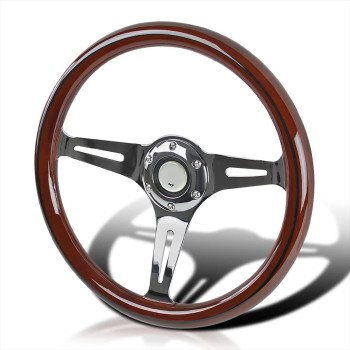 Spec-D Tuning 340Mm Classic Wooden Style Black Trim Steering Wheel W/ 6-Bolt Hub