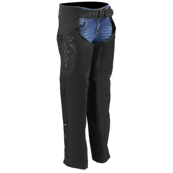 Milwaukee Leather SH1182 Women's Black Textile Motorcycle Riding Chaps with Tribal Embroidery - Medium