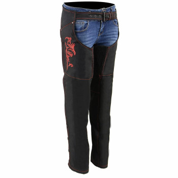 Milwaukee Leather SH1182 Women's Black with Red Textile Motorcycle Riding Chaps with Tribal Embroidery - Small