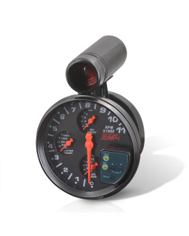 AJP Distributors Universal JDM Sport 5 Black Face 4-in-1 Tachometer 11K RPM Tach Gauge w/Oil/Water Temperature Pressure + External Adjustable LED Shift Light Replacement Upgrade