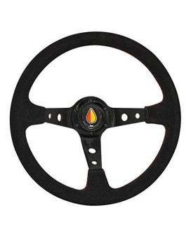 AJP Distributors Universal Replacement 350mm Deep Dish Suede Wrapped Red Stiching Steering Wheel Black With Koleshiya Horn Button