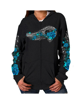 Hot Leathers Angel Roses Zip-Up Women's Hooded Sweatshirt (Black, Medium)