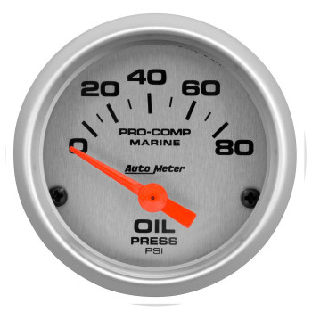 AutoMeter 200744-33 Marine Electric Oil Pressure Gauge 2-1/16 in. Silver Dial Face Brushed Aluminum Bezel