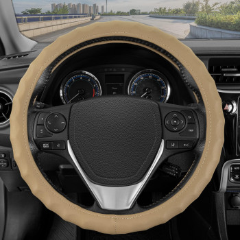 BDK Genuine Beige Leather Steering Wheel Cover for Car, Medium (14.5 - 15.5) - Ergonomic Comfort Grip for Men & Women, Universal Fit Car Steering Wheel Cover for Most Vehicles