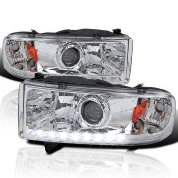 Spec-D Tuning LED Projector Headlights Chrome Compatible with 1994-2001 Dodge Ram 1500, 1994-2002 Dodge Ram 2500/3500, Left + Right Pair Headlamps Assembly